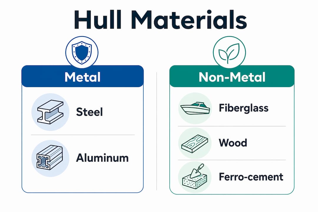 Infographic comparing metal and non-metal yacht hull materials