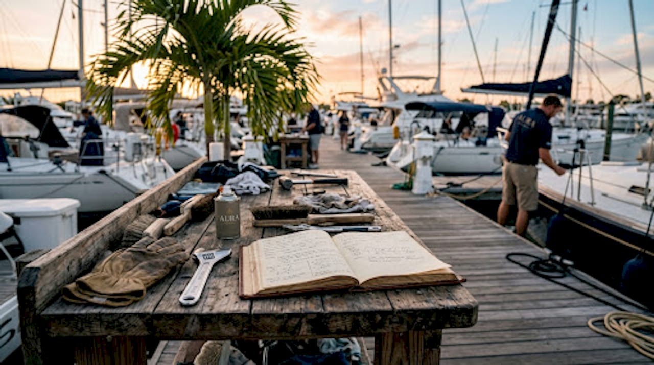 Dockside yacht maintenance workbench with tools