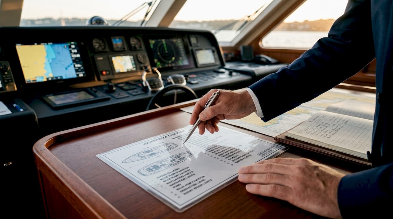 Hands using waterproof checklist during yacht briefing