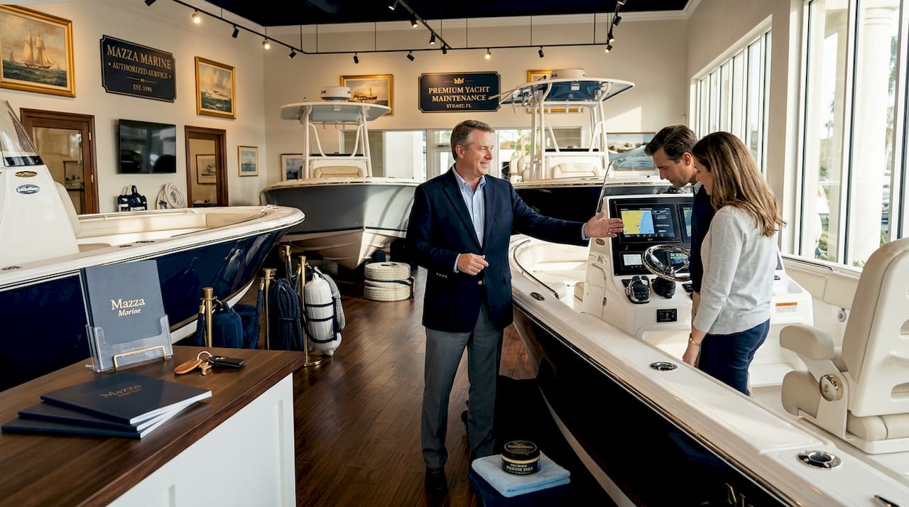 Boat dealership showroom with customers inspecting center console