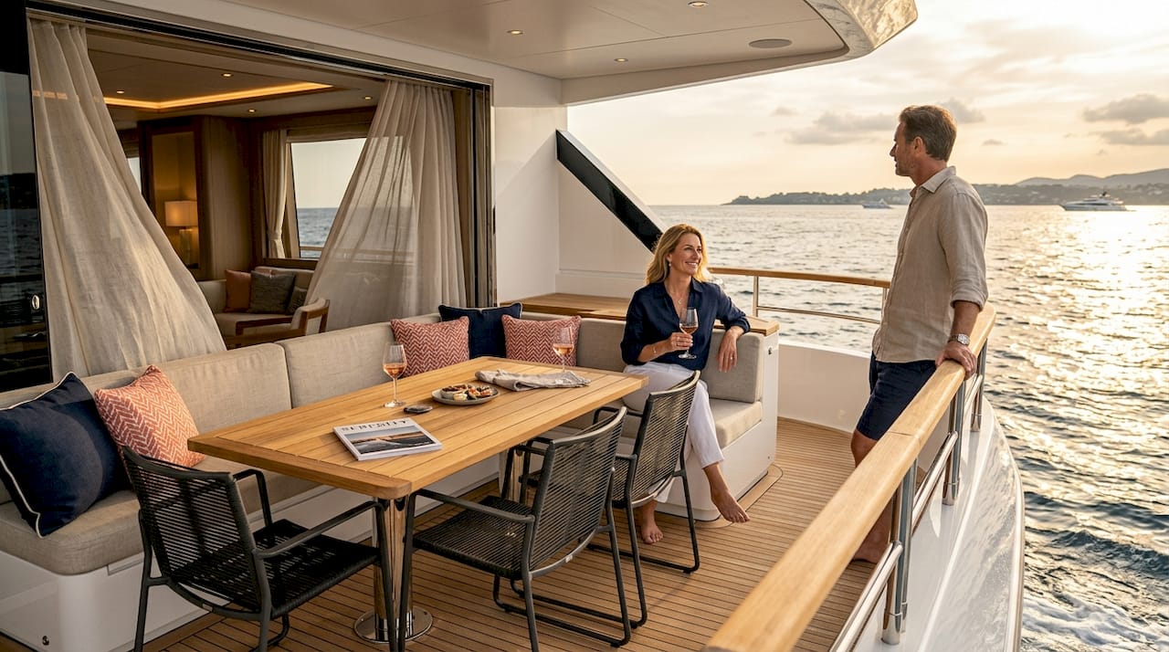 Outdoor terrace of yacht owner suite with ocean backdrop