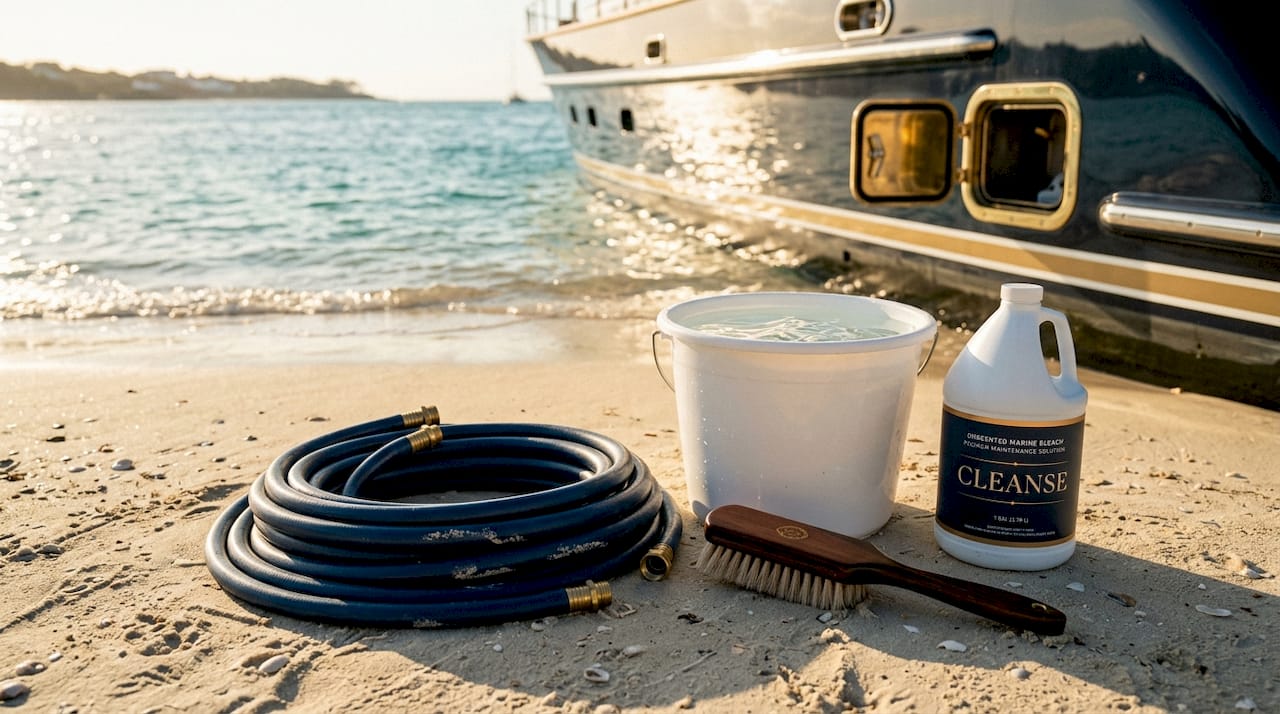 Cleaning tools set on yacht deck near water tank hatch