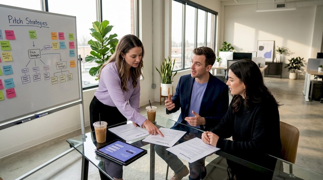 Team brainstorming sales pitch ideas around cluttered table
