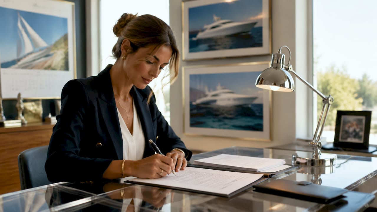 Hands signing yacht auction registration papers