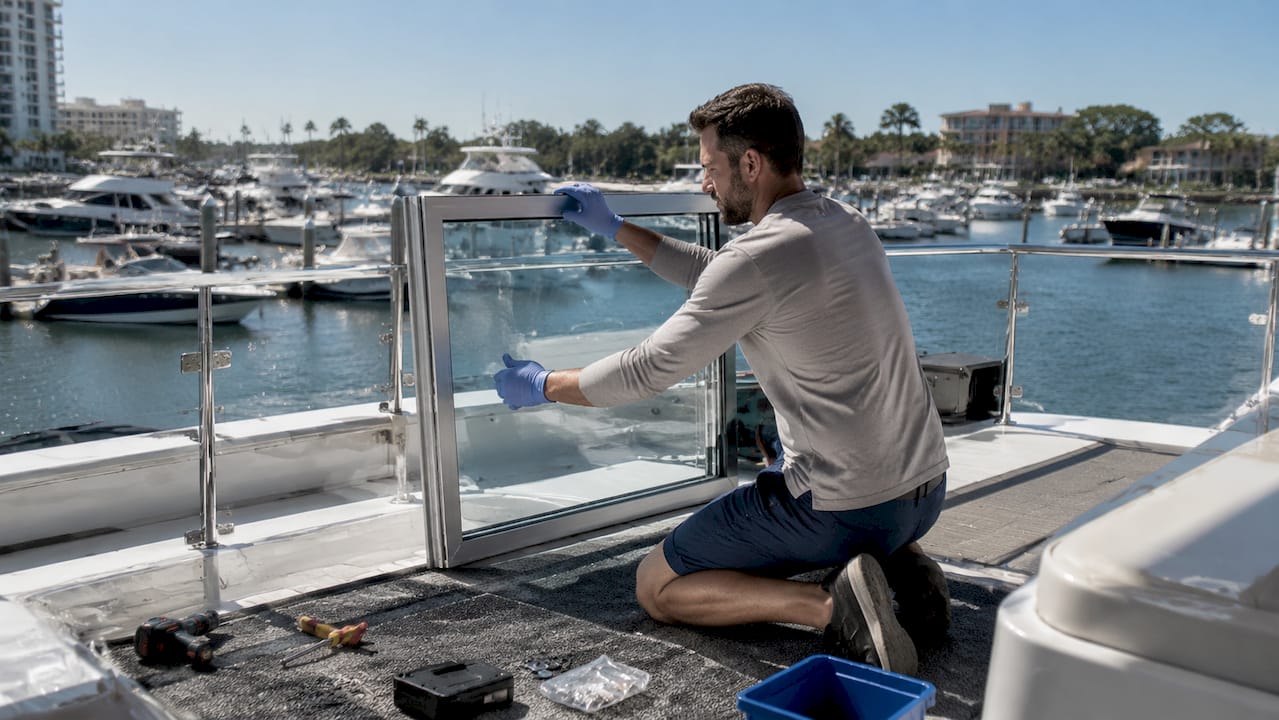Technician installing laminated marine glass on boat