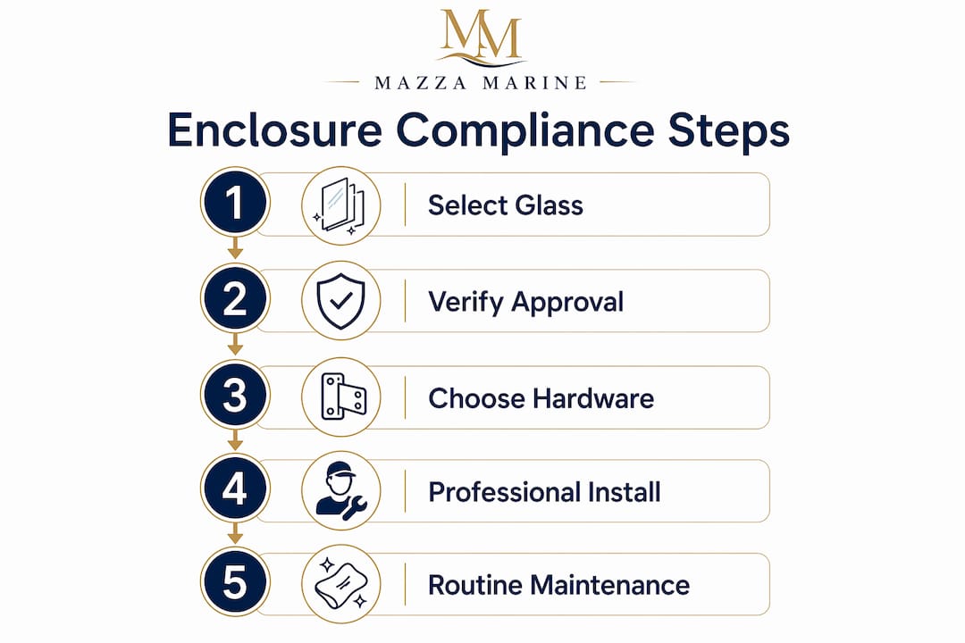 Step-by-step infographic for boat glass enclosure compliance