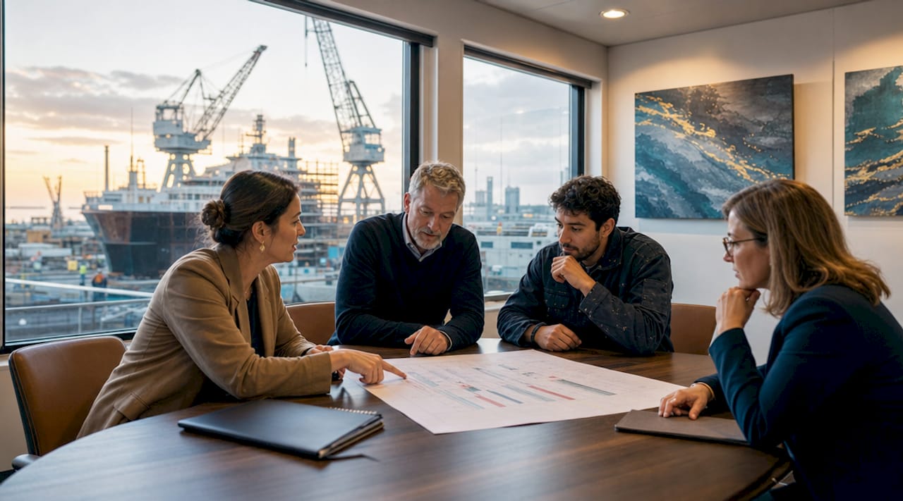 Yacht refit team discussing project timeline