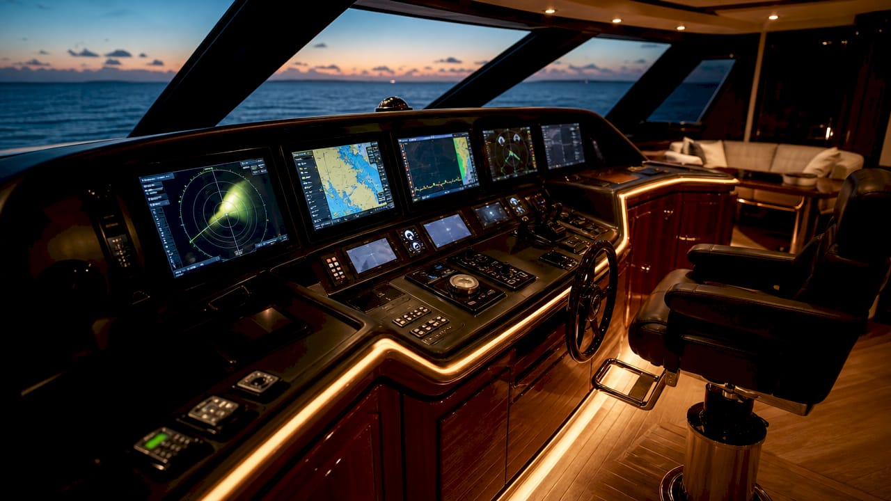 Close-up integrated navigation system on yacht dashboard