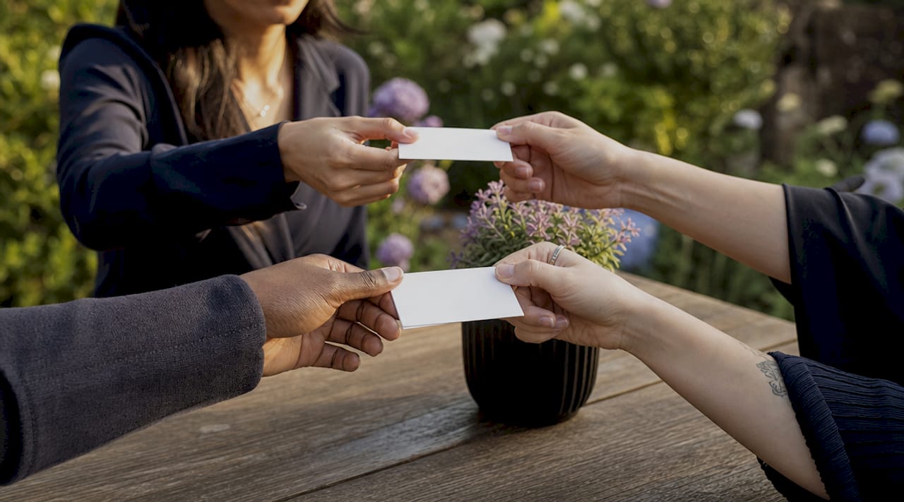 Hands exchanging business cards in meeting