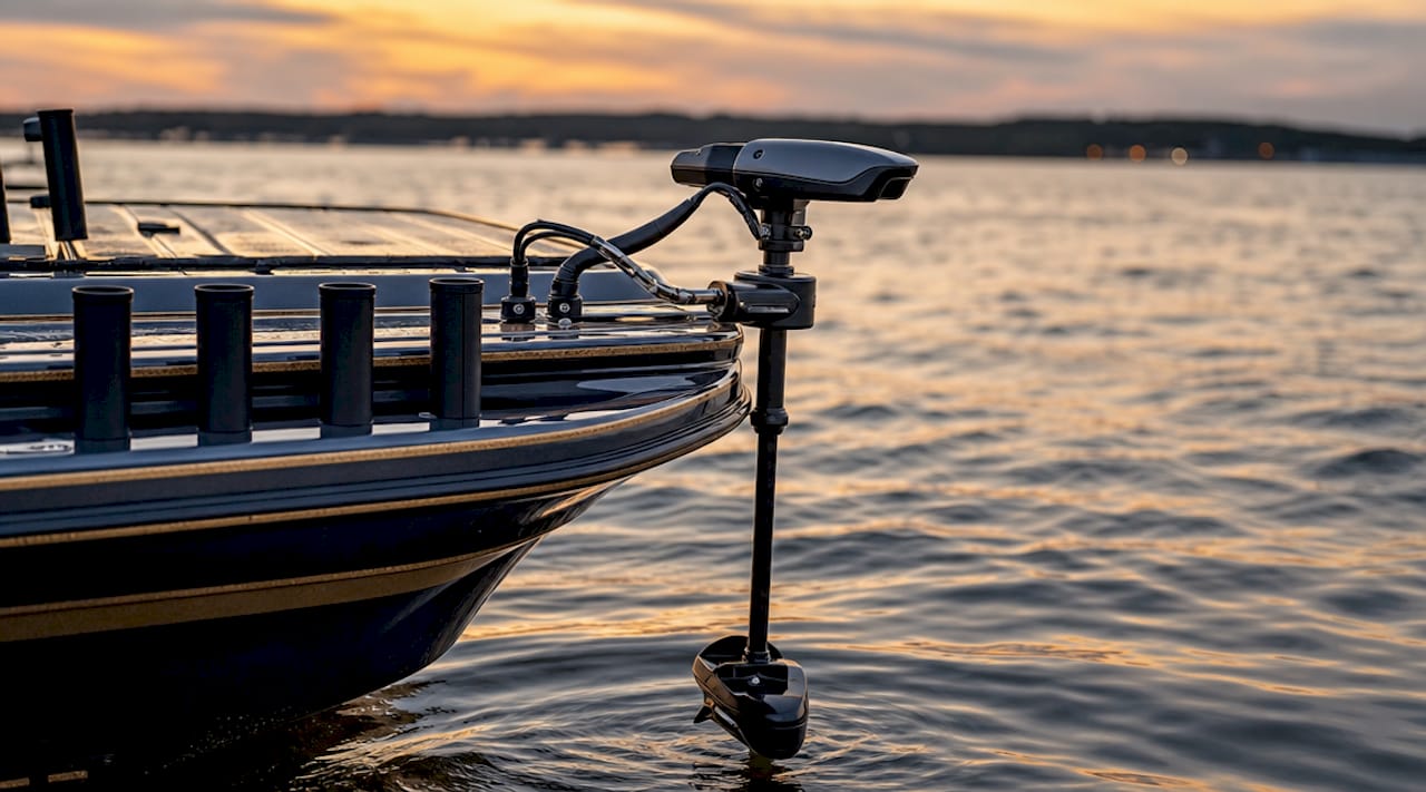 Bow-mounted electric trolling motor on fishing boat