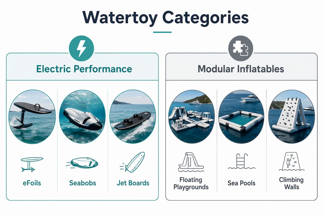 Infographic comparing electric performance and modular inflatable watertoys for yachts