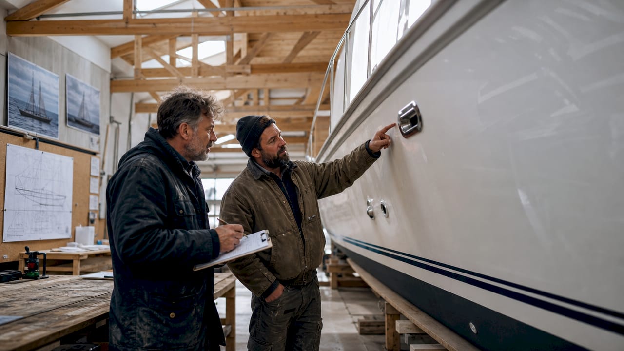 Craftsmen inspecting bespoke yacht hull in shipyard
