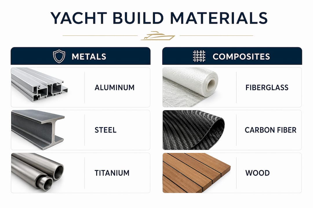 Infographic comparing yacht build materials metals vs composites