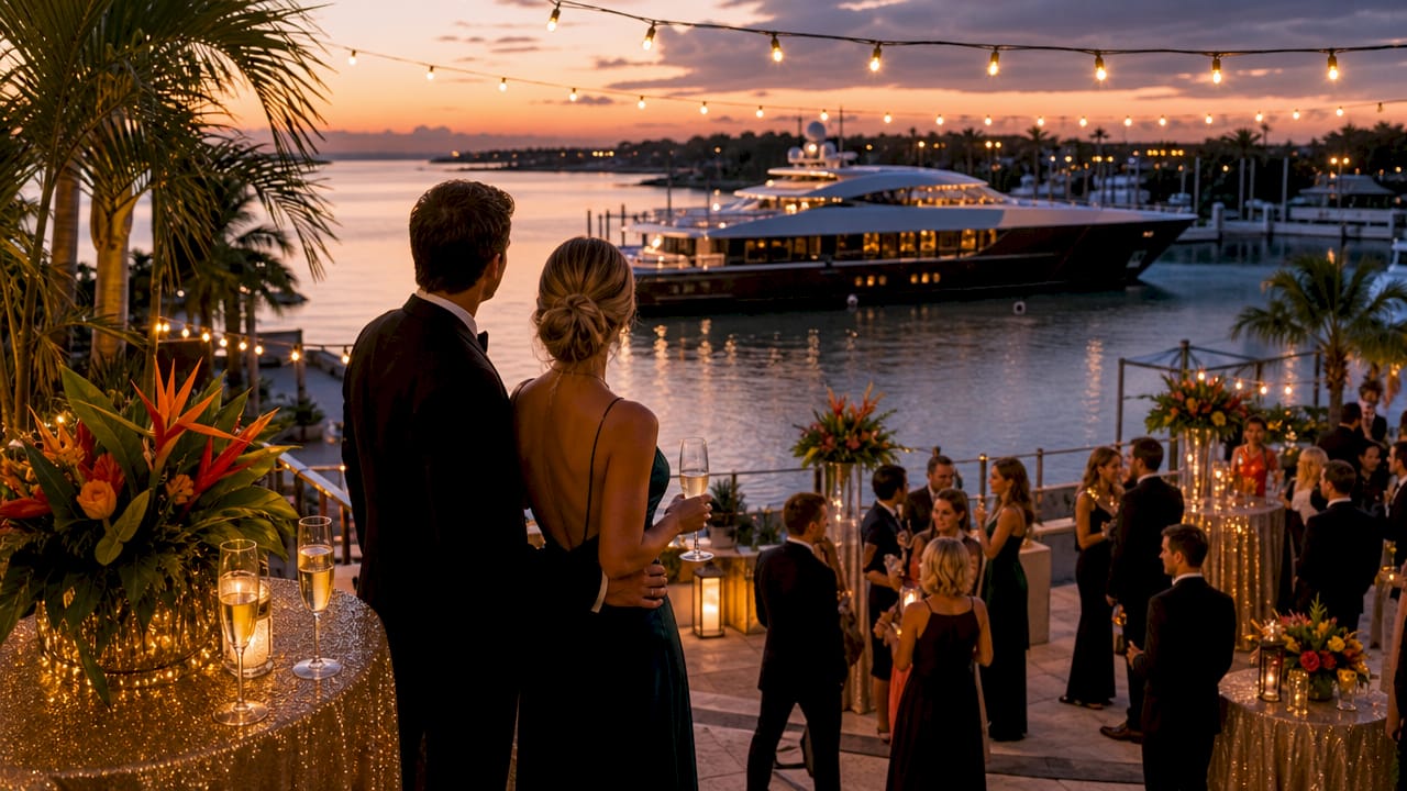 Guests enjoying staged reveal on yacht deck at night