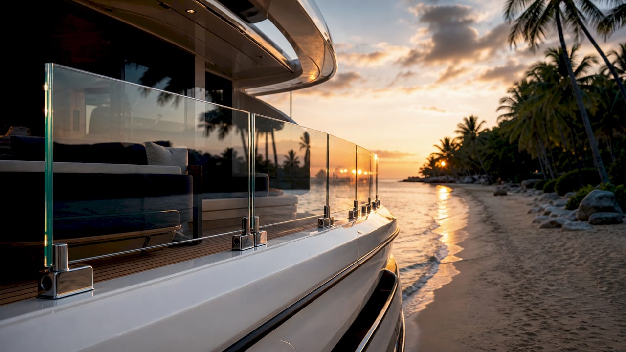Close detail of frameless glass yacht enclosure hardware
