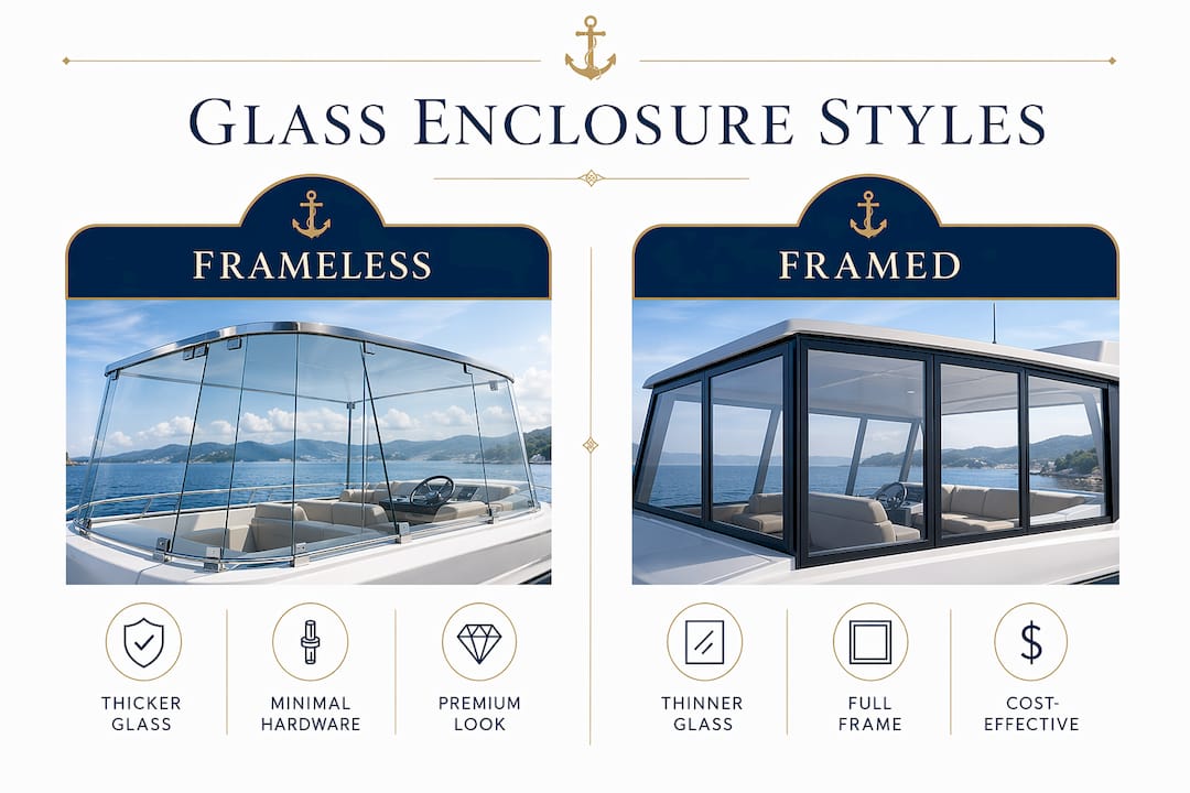 Comparison infographic of frameless vs framed glass marine enclosures