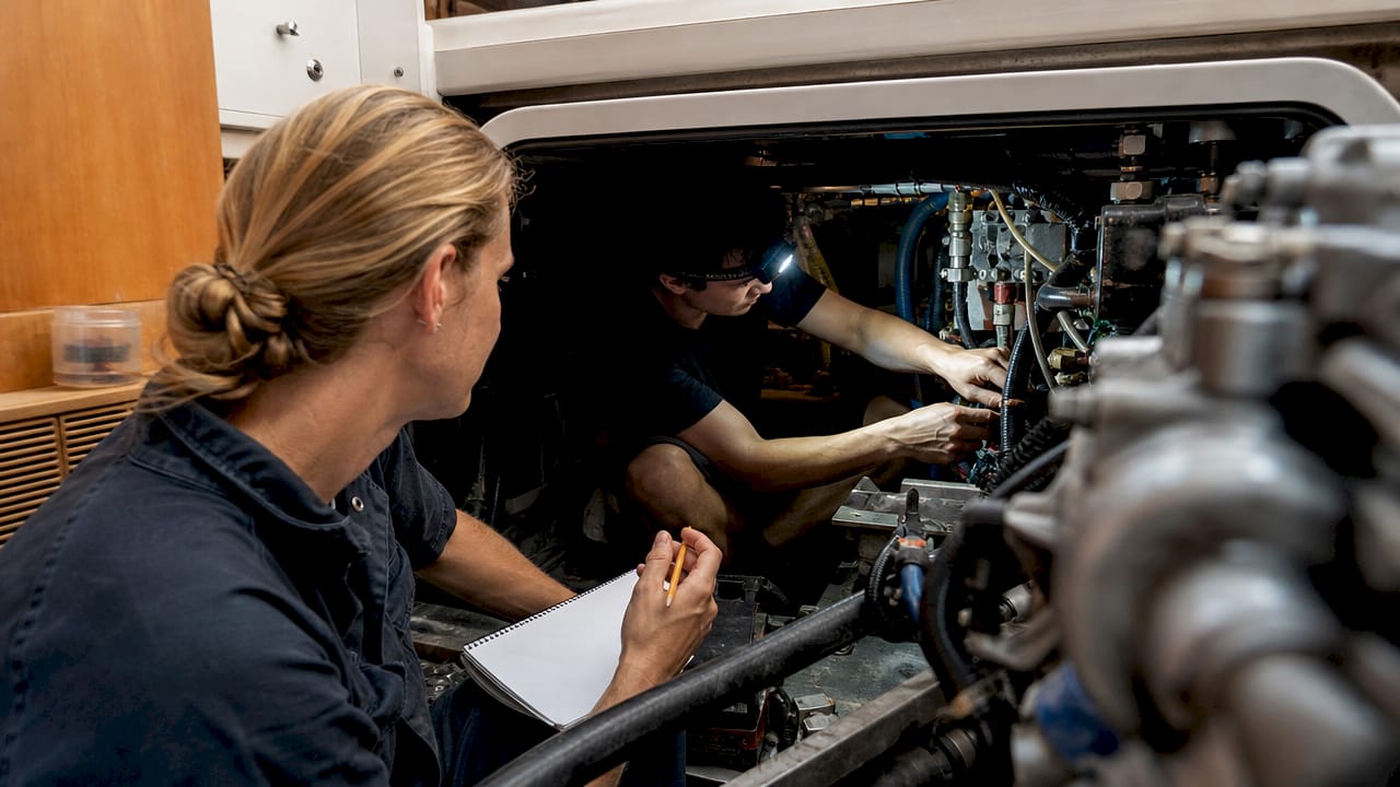Marine technicians inspecting yacht engine during refit