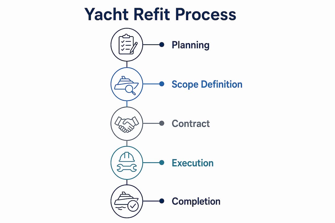 Infographic showing yacht refit key stages timeline