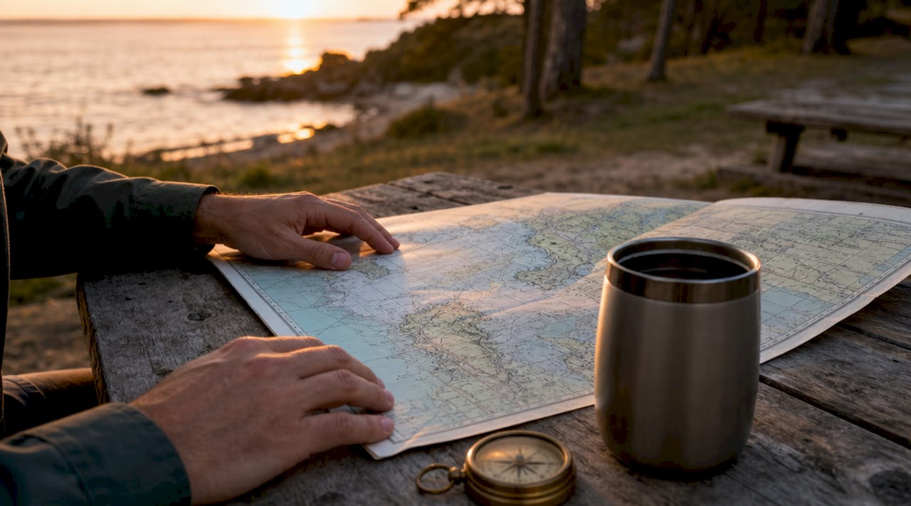 Hands pointing at coastal yacht map