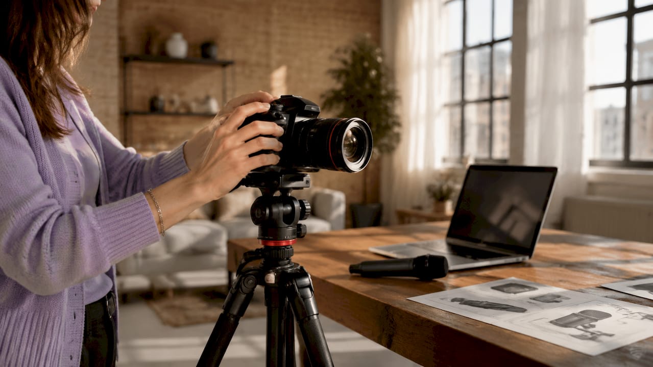 Hands adjusting camera on tripod for virtual tour