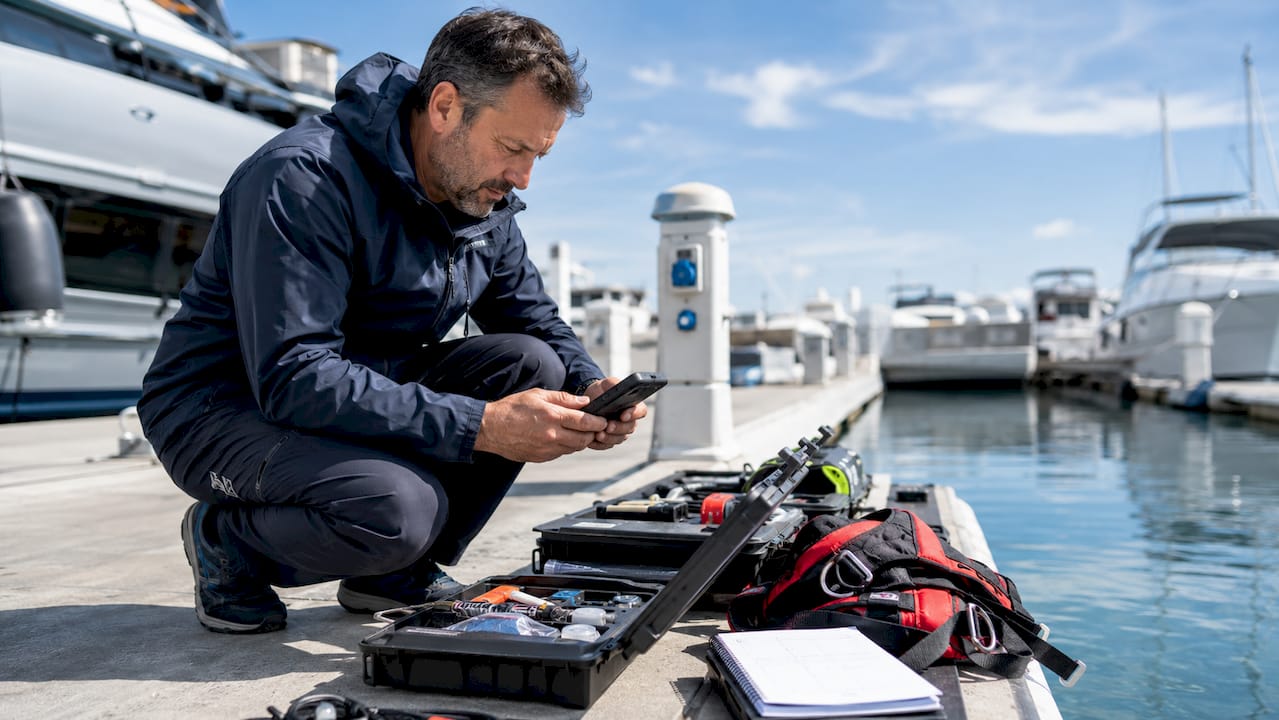Technician inspecting yacht safety equipment on deck