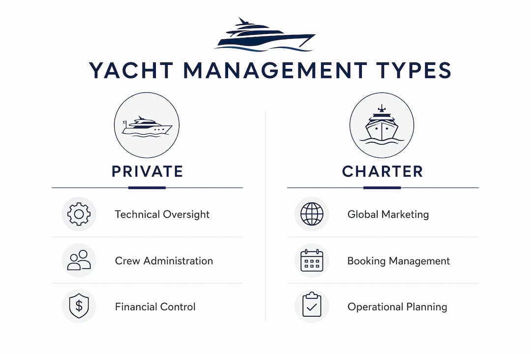 Infographic comparing private and charter yacht management types