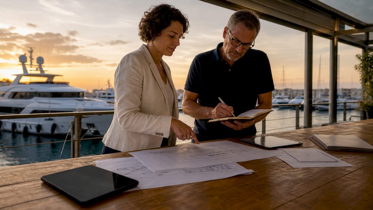 Yacht broker and surveyor discussing yacht details