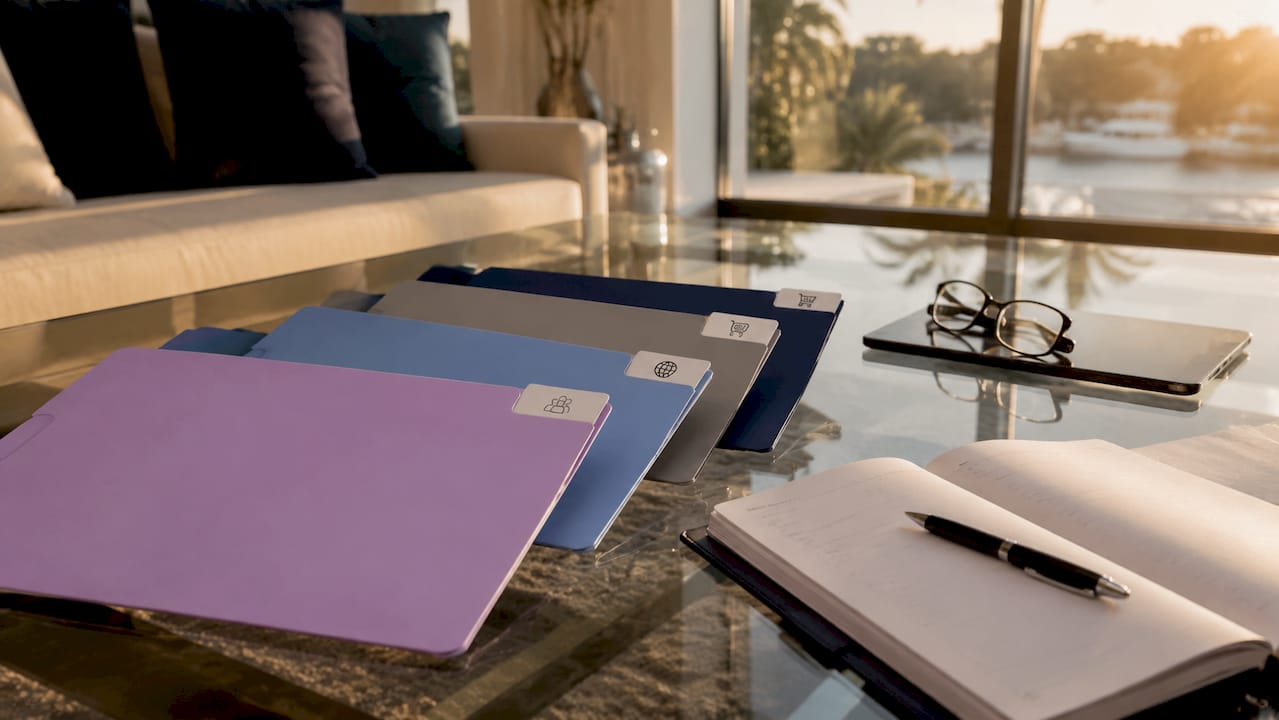 Flat lay of market segmentation persona folders