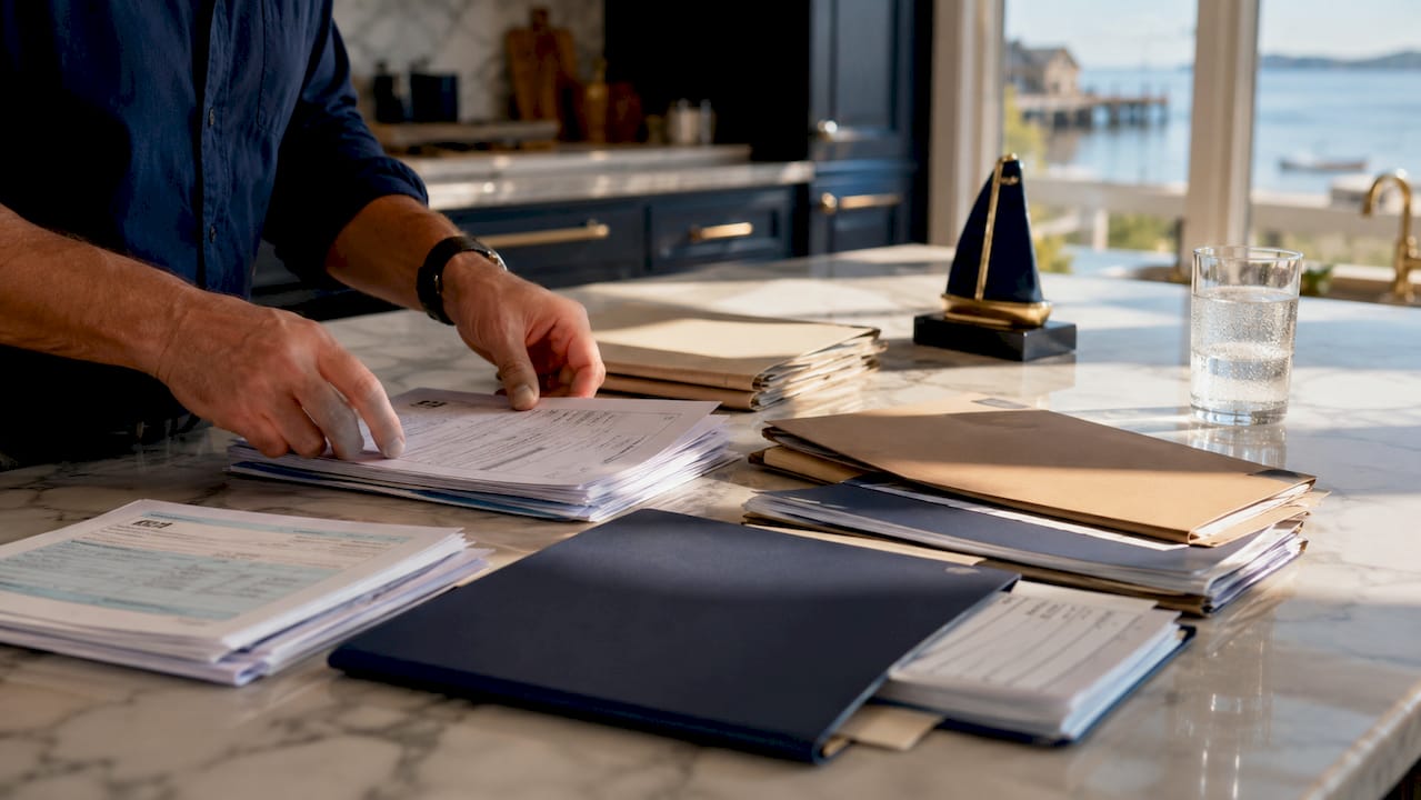 Hands sorting yacht repair documents