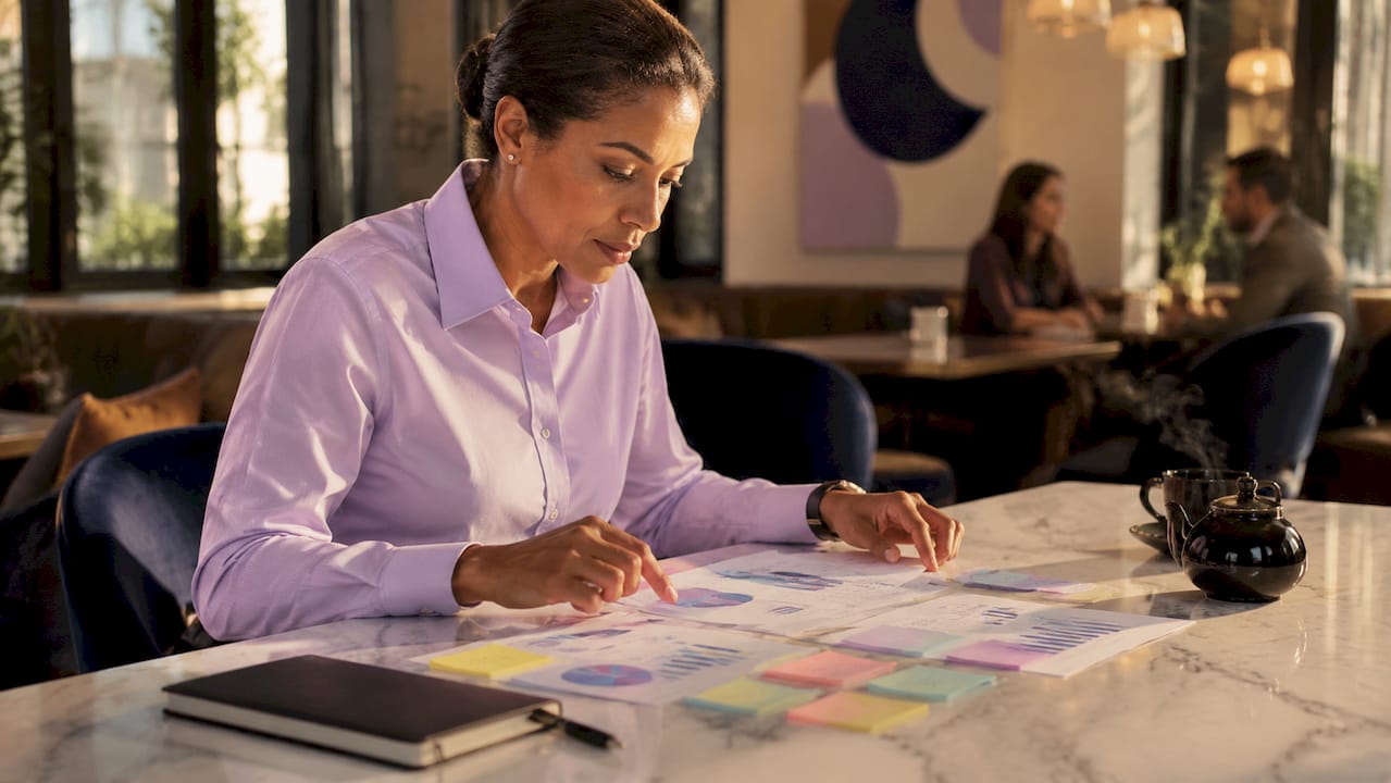 Marketer sorting demographic data in conference room