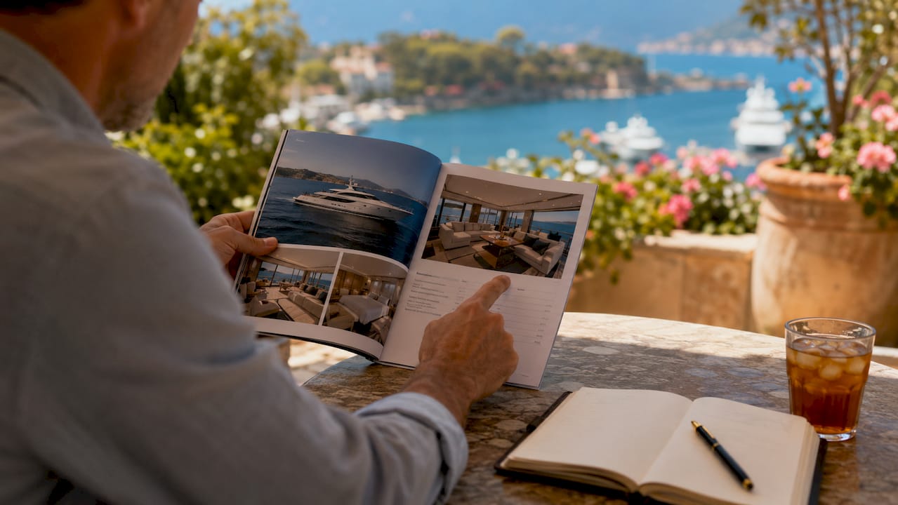 Close-up hands reviewing yacht price brochure