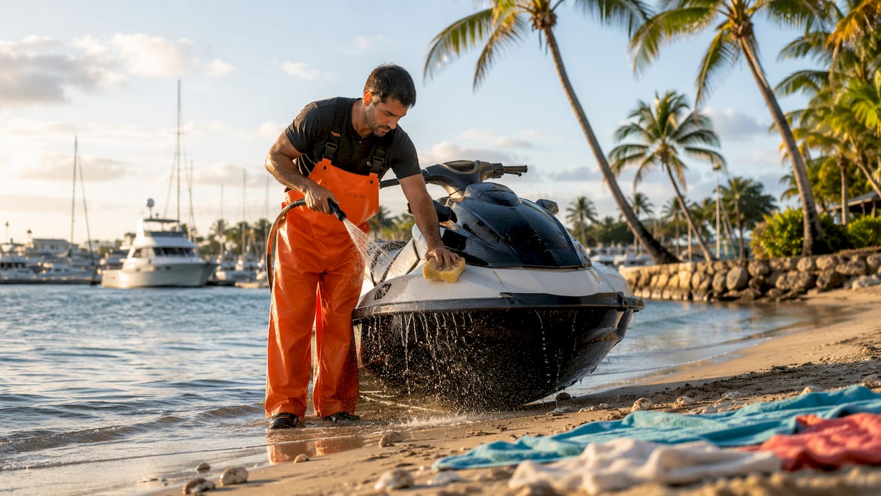 Deck crew maintaining jet ski on yacht deck