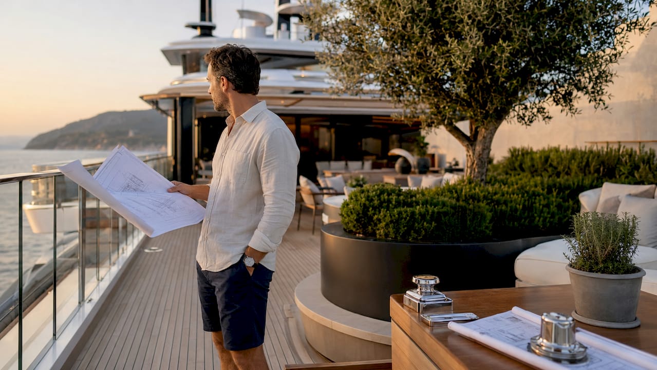 Marine architect inspecting yacht deck outdoors