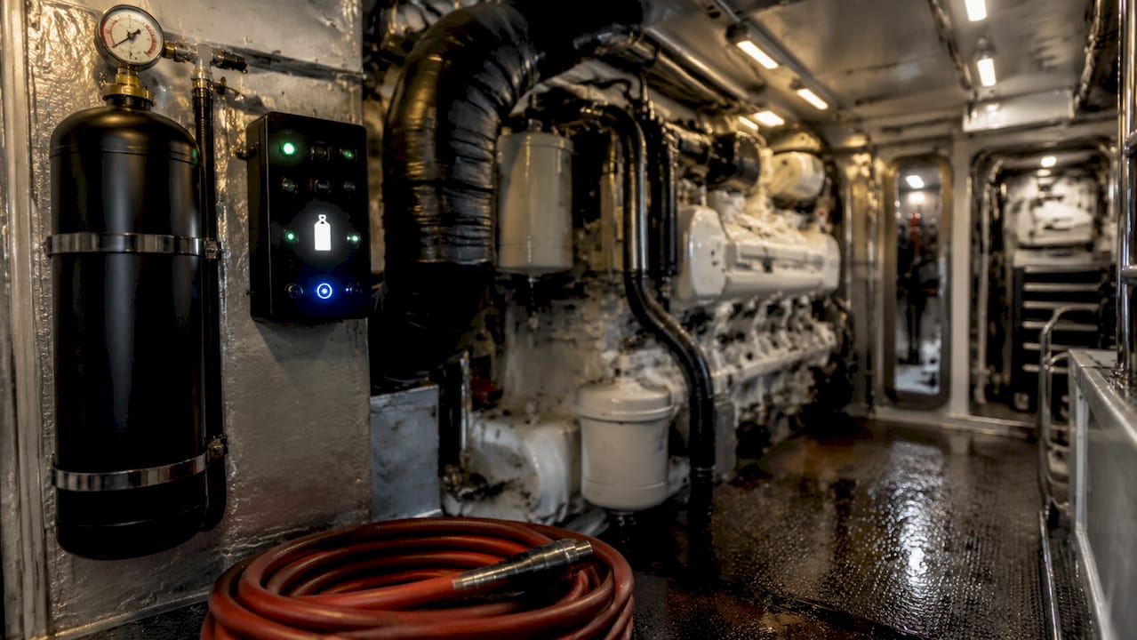 Fire suppression system in yacht machinery room