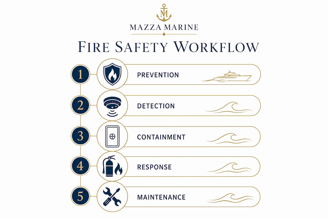 Infographic illustrating yacht fire safety workflow steps