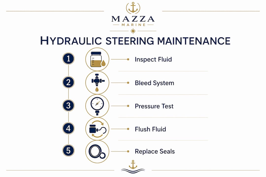 Infographic showing yacht hydraulic steering maintenance steps