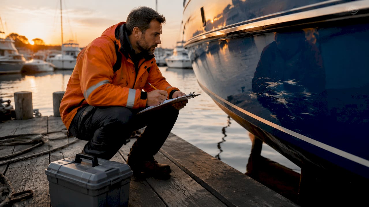 Marine surveyor inspecting yacht hull outdoors