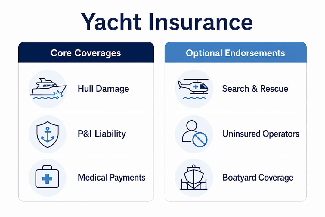 Infographic comparing yacht insurance core coverages and optional endorsements