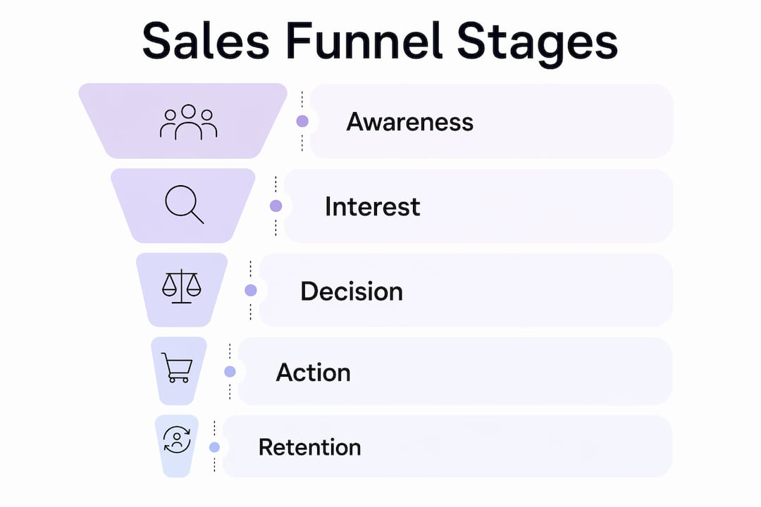 Infographic illustrating sales funnel stages vertically