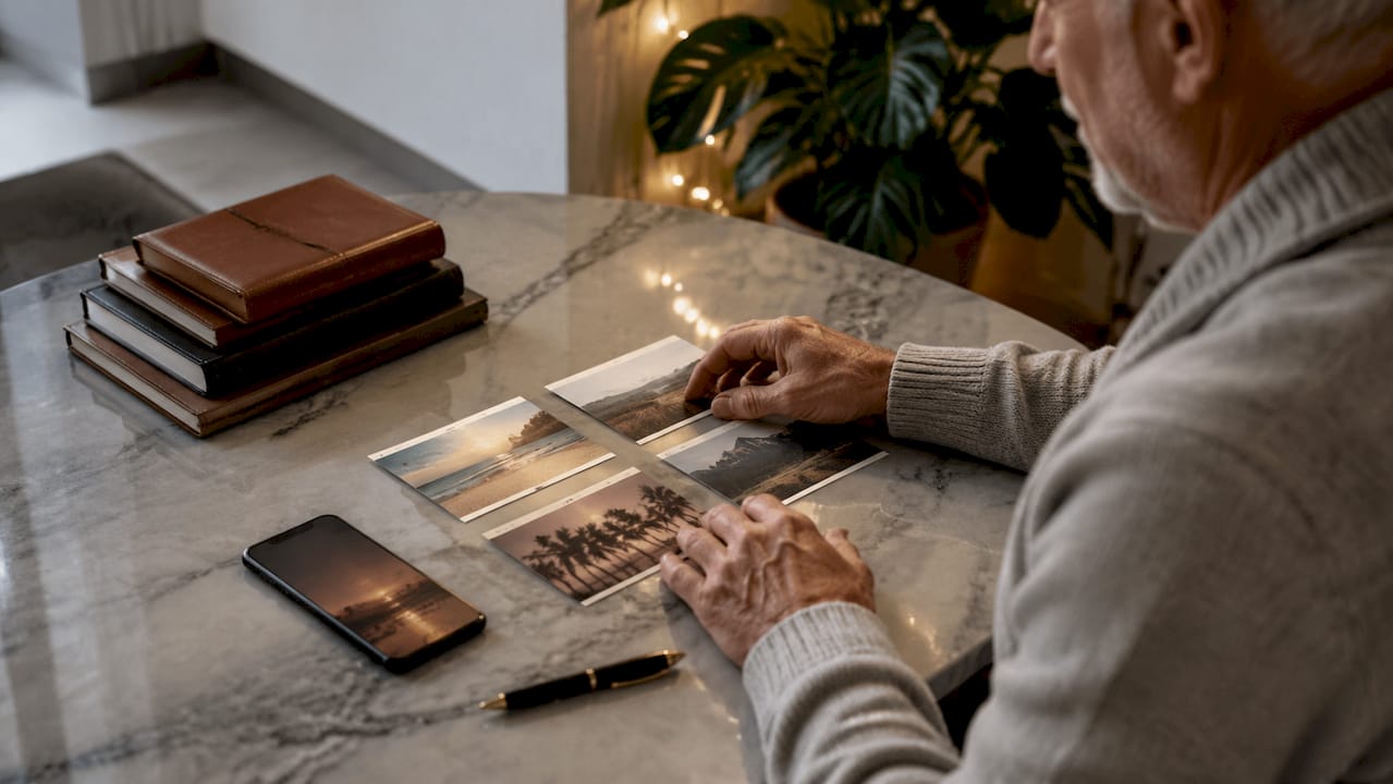Hands arranging yacht charter planning cards overhead