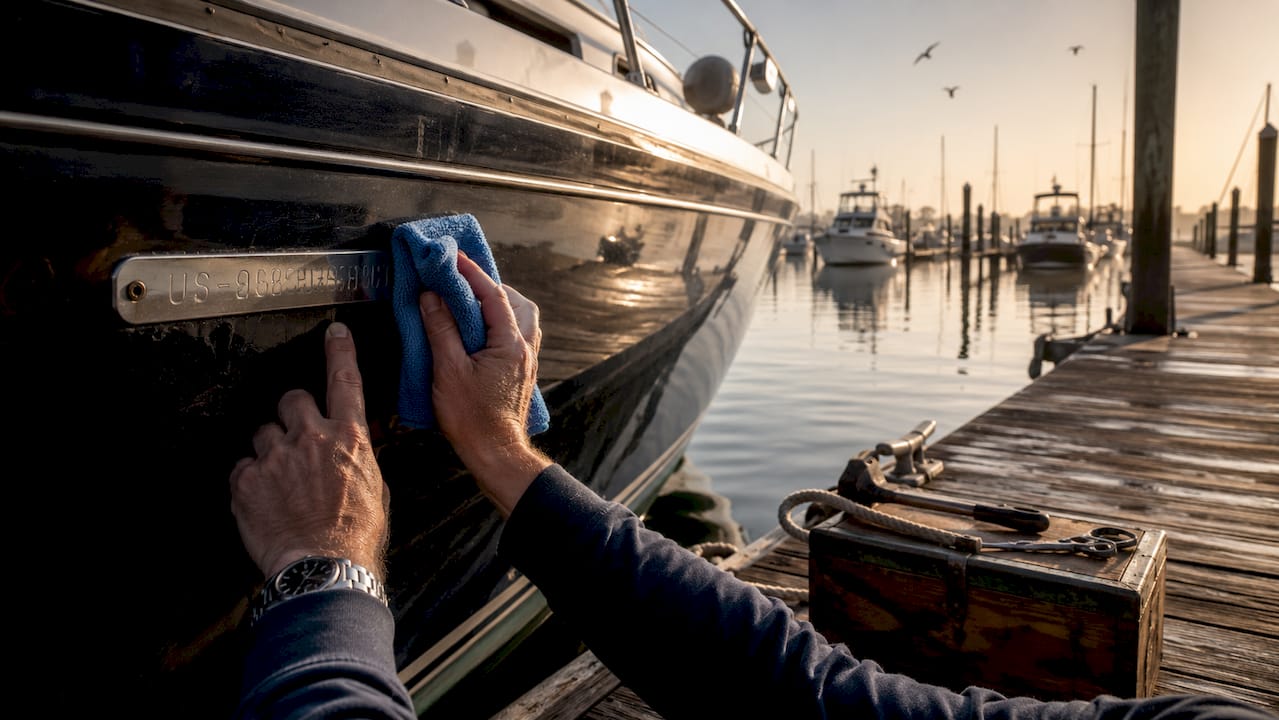Hands revealing yacht hull identification number plaque