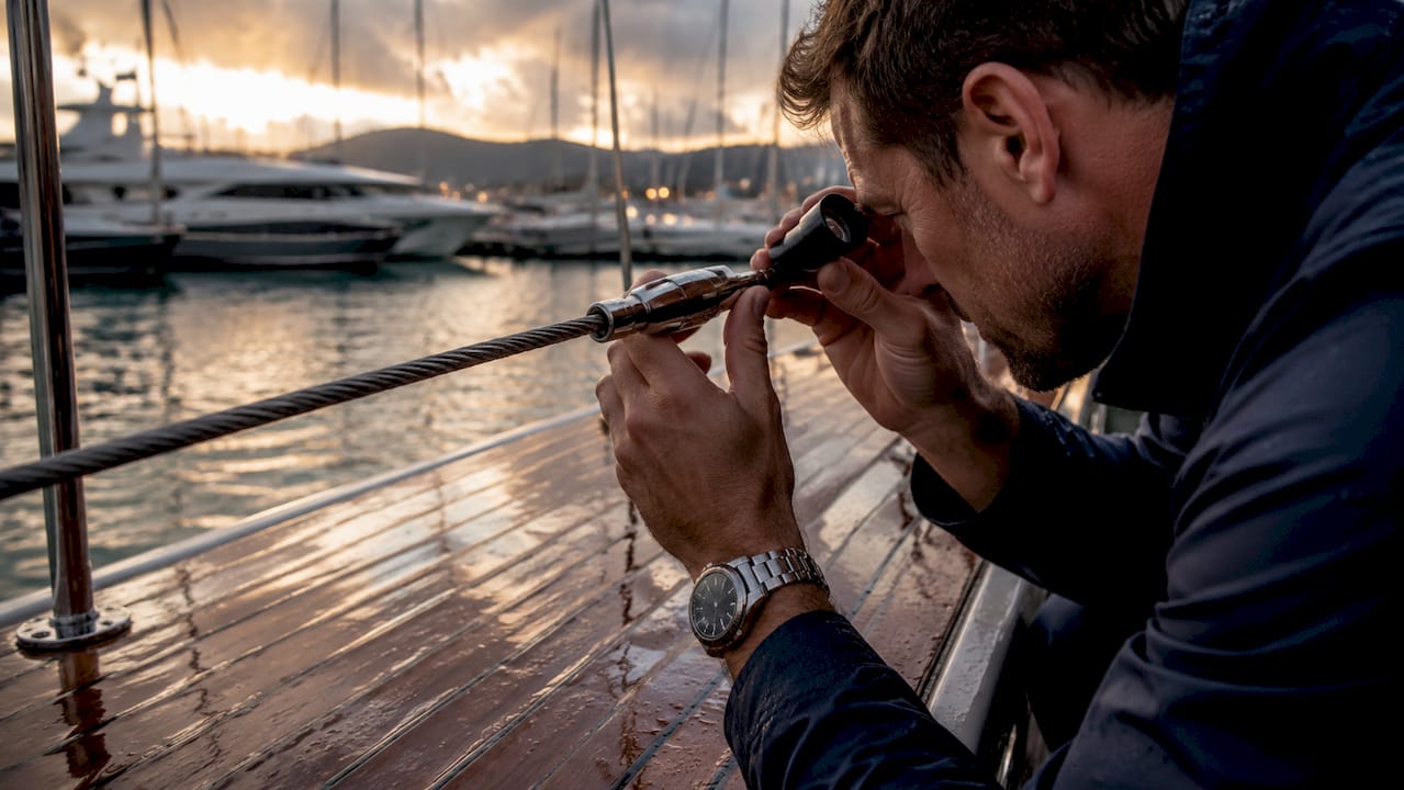 Close-up of hands inspecting lifeline wire with magnifying loupe