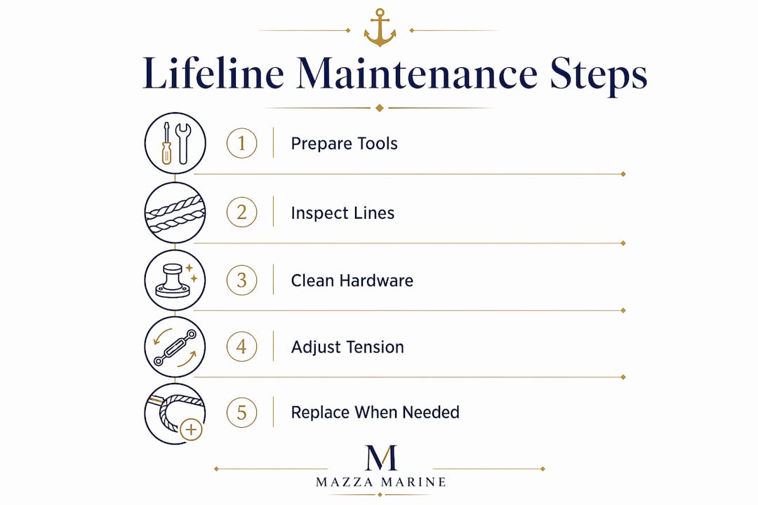 Infographic illustrating yacht lifeline maintenance steps