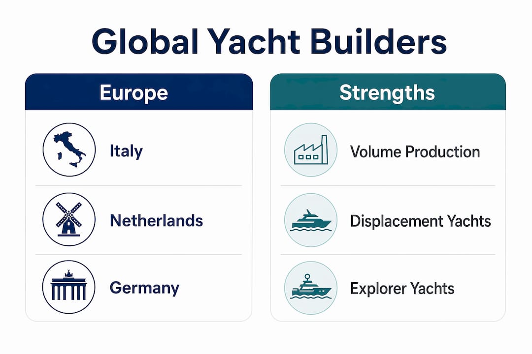 Infographic comparing yacht builders by region and strengths