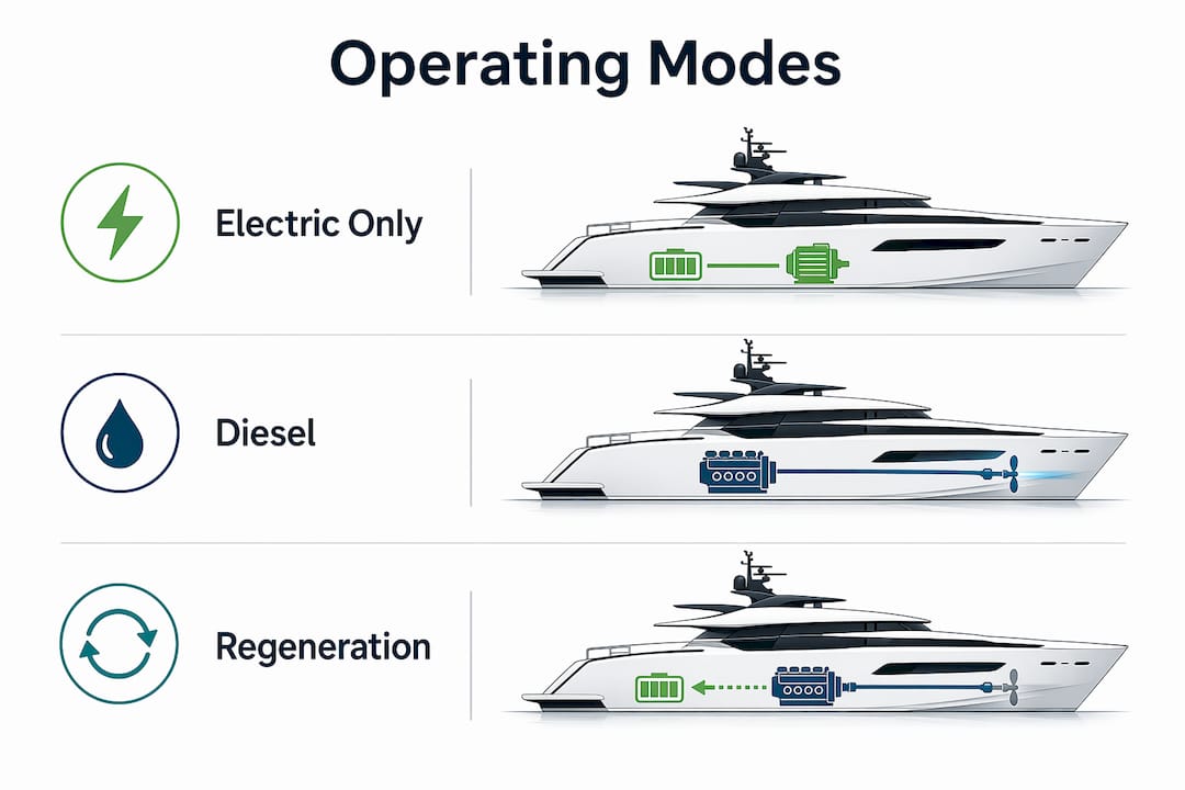 Infographic of hybrid yacht operating modes