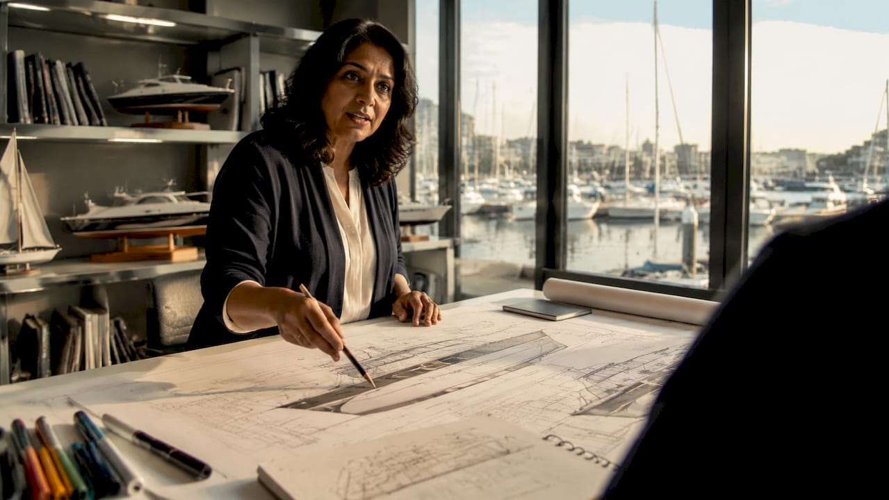 Naval architect explaining yacht plans to client