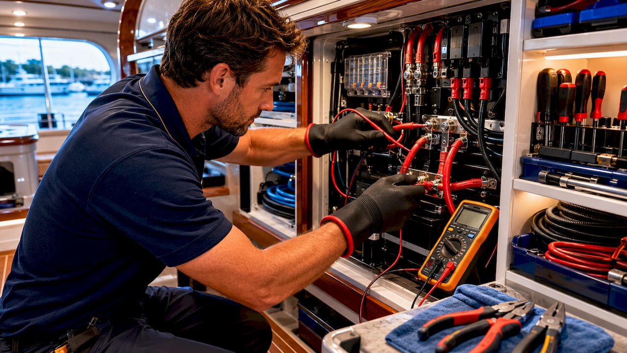 Close-up hands disconnecting yacht electrical battery cables