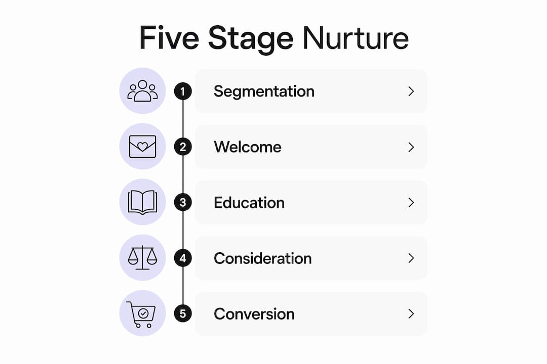 Infographic showing five step lead nurturing process stages