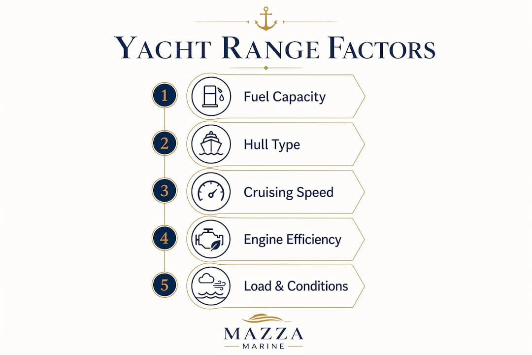 Infographic illustrating key factors influencing yacht range