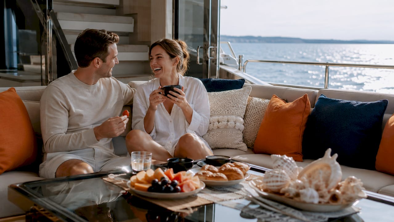 Yacht interior showing distinct functional zones on deck